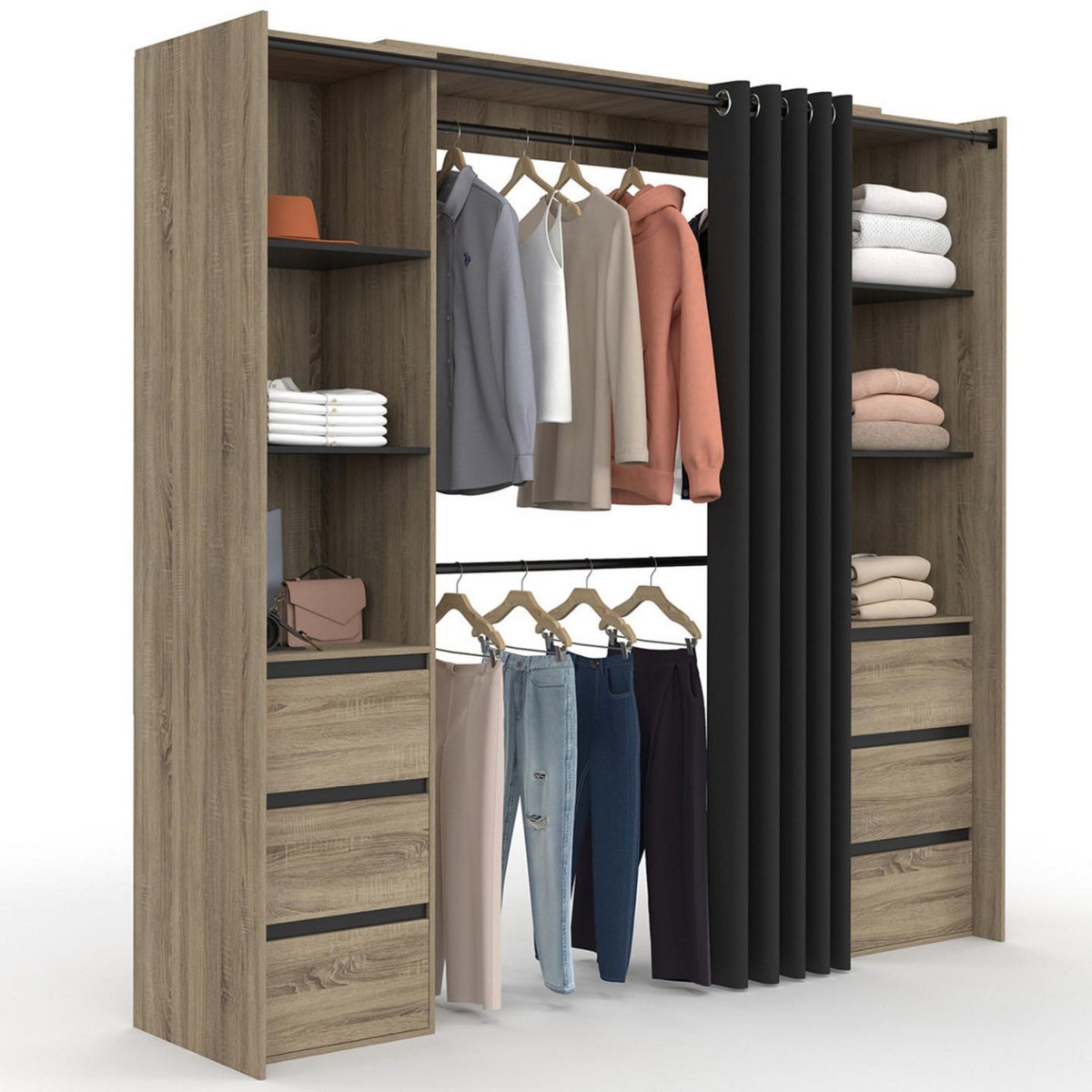 ID MARKET Dressing extensible double MERYL 120/180 cm hêtre avec 6 tiroirs + étagères + double penderie + rideau noir