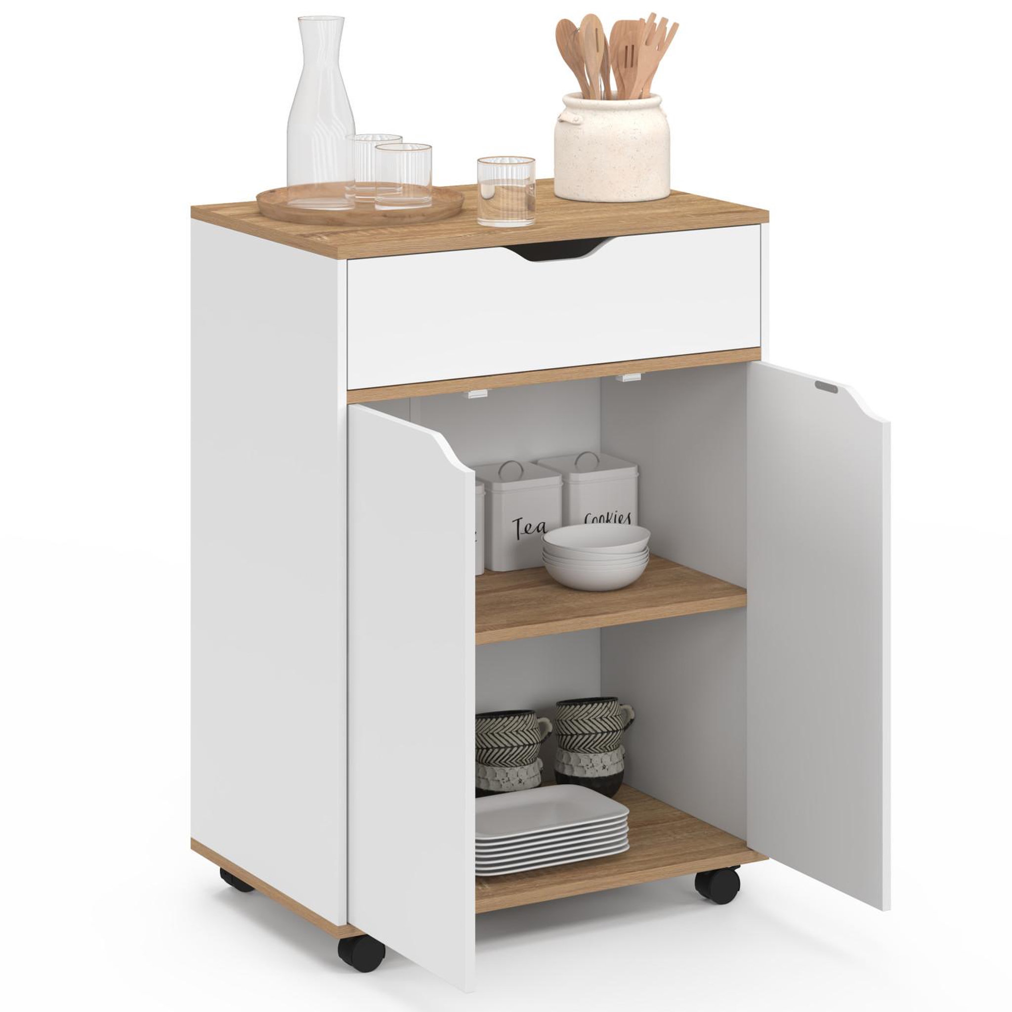 Voir la diapositive 4 : ID MARKET Desserte de cuisine cosy placard avec tiroir bois blanc et plateaux façon hêtre l.60 cm