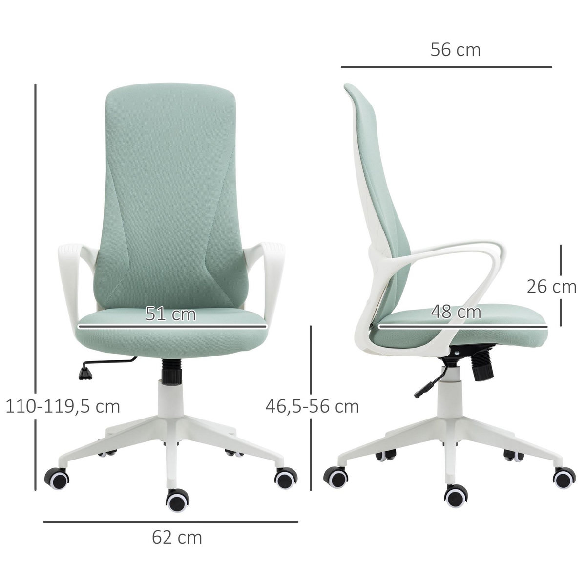 VINSETTO Fauteuil de Bureau ergonomique avec accoudoirs et roulettes pivotant - Fonction Inclinaison et Hauteur réglable dim. 62L x 56l x 119,5H cm - Vert