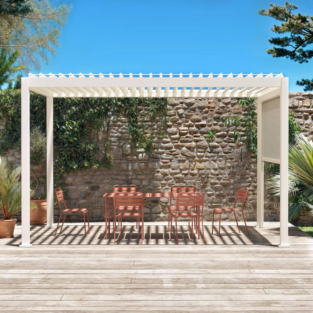 SWEEEK Pergola Bioclimatique – Triomphe – 4x3m, aluminium, à lames orientables + store 3m