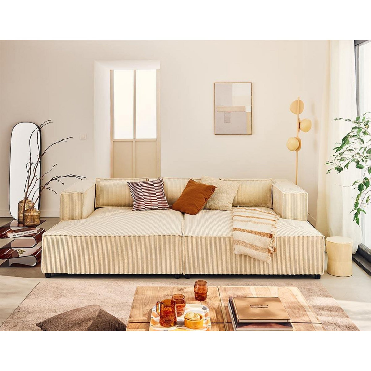 LISA DESIGN Stella - canapé droit 3 places avec double méridienne - assise profonde - en velours côtelé