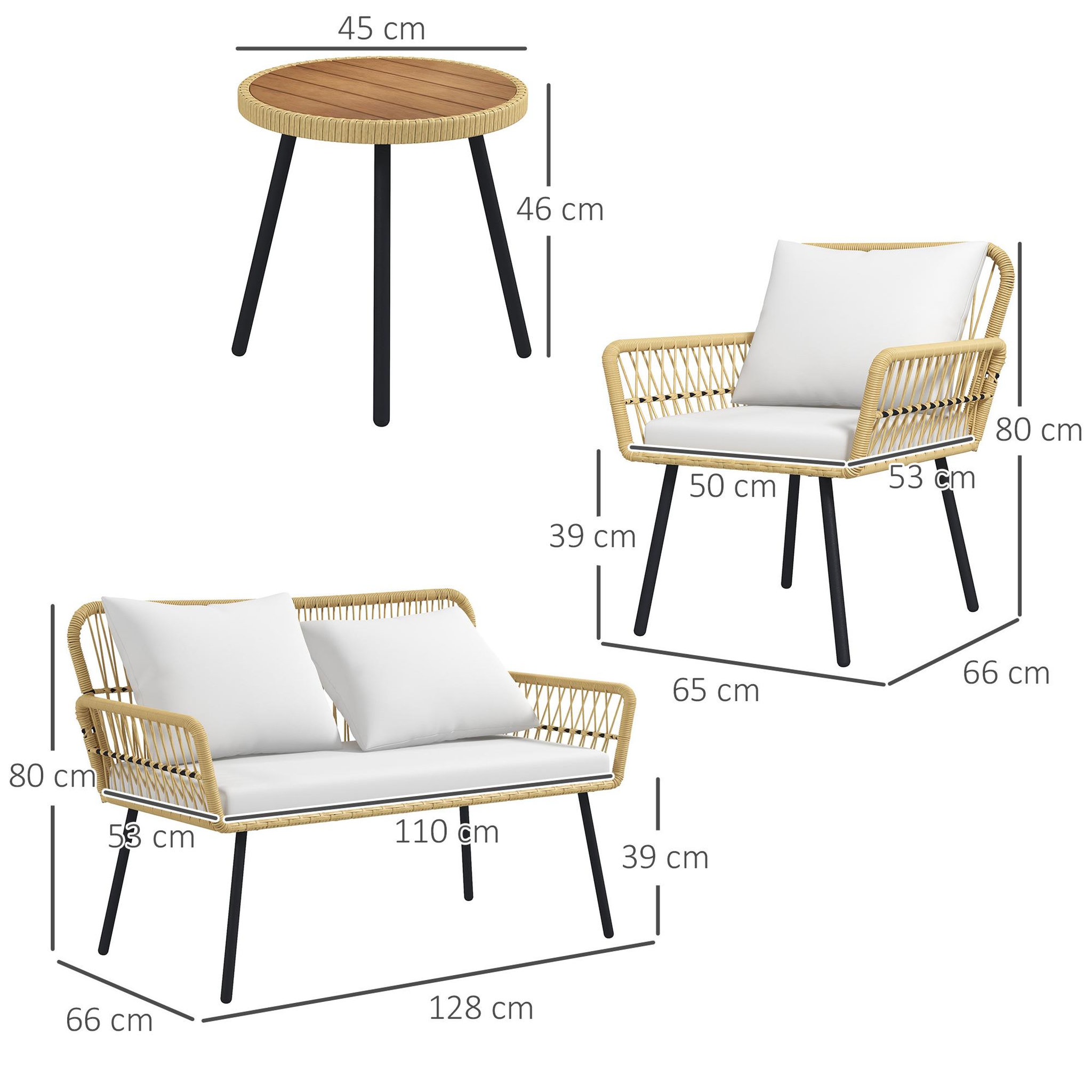 Voir la diapositive 3 : OUTSUNNY Ensemble salon de jardin 4 pièces canapé 2 places 2 fauteuils table basse coussins