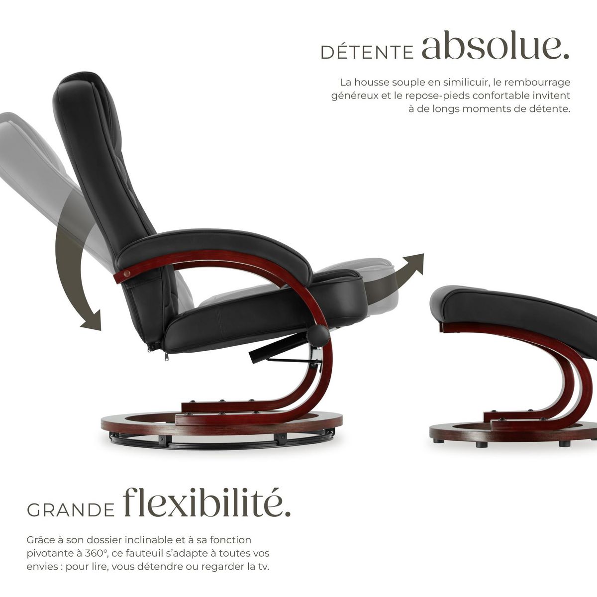 tectake Fauteuil relax pied rond avec repose-pieds noir/marron