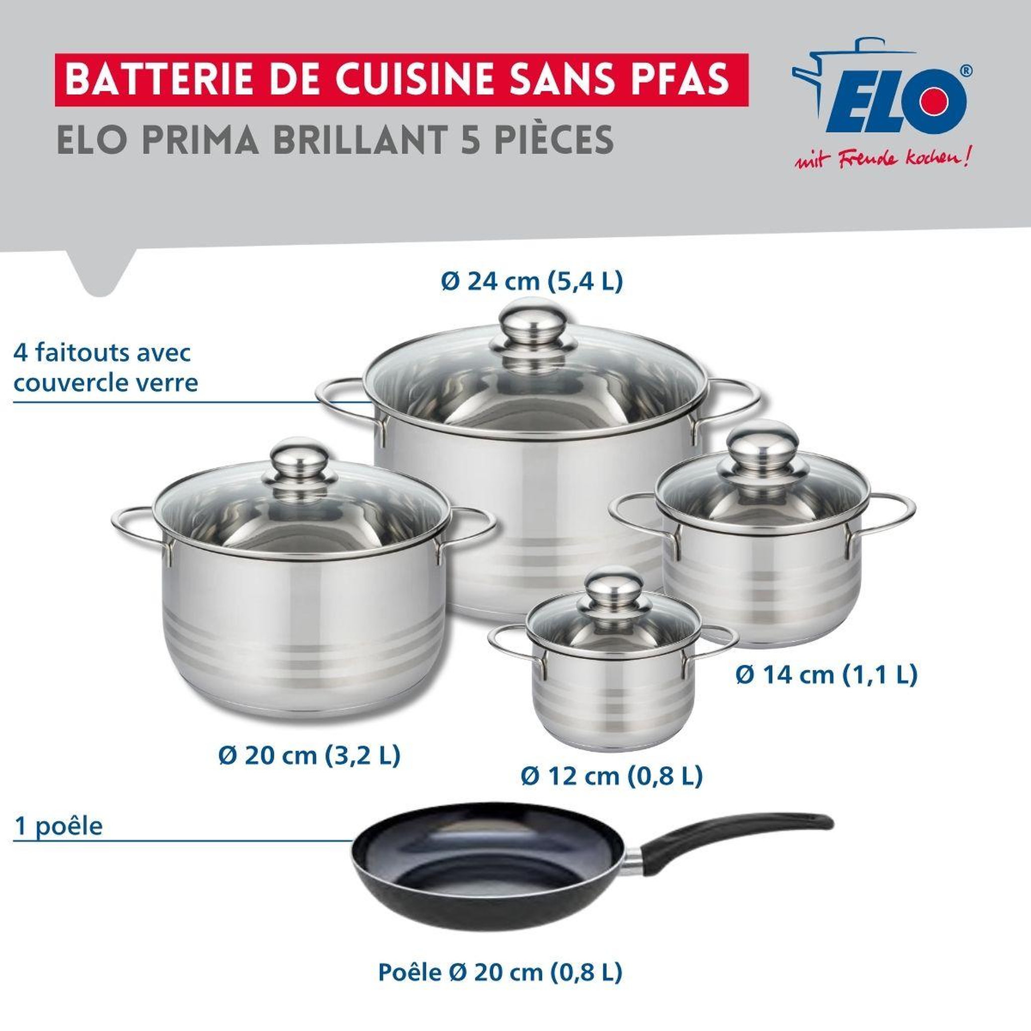 Voir la diapositive 2 : ELO Ensemble de 1 poêle de cuisson 20 cm et 4 faitouts 12, 14, 20 et 24 cm elo prima brillant