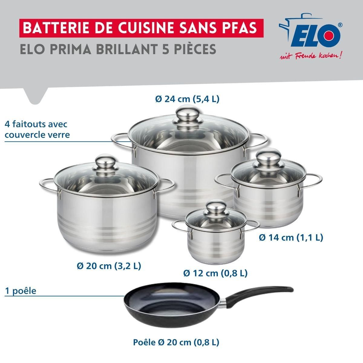 ELO Ensemble de 1 Poêle de cuisson 20 cm et 4 faitouts 12, 14, 20 et 24 cm Elo Prima Brillant