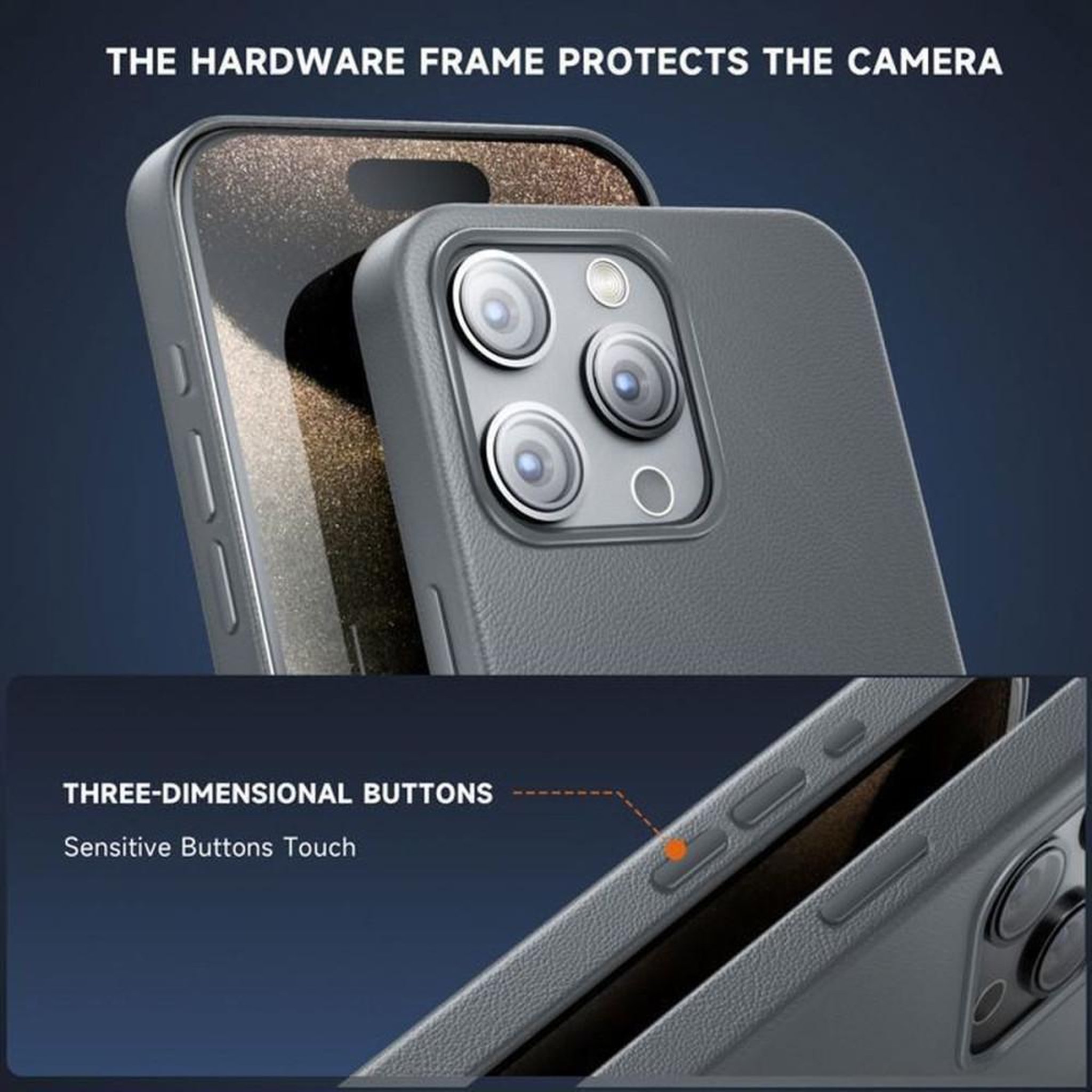 Voir la diapositive 4 : Coque cuir pour iPhone 15 Pro Max 6,7  grise compatible MagSafe en TPU et PU avec protection anti-chocs et accès boutons/ports