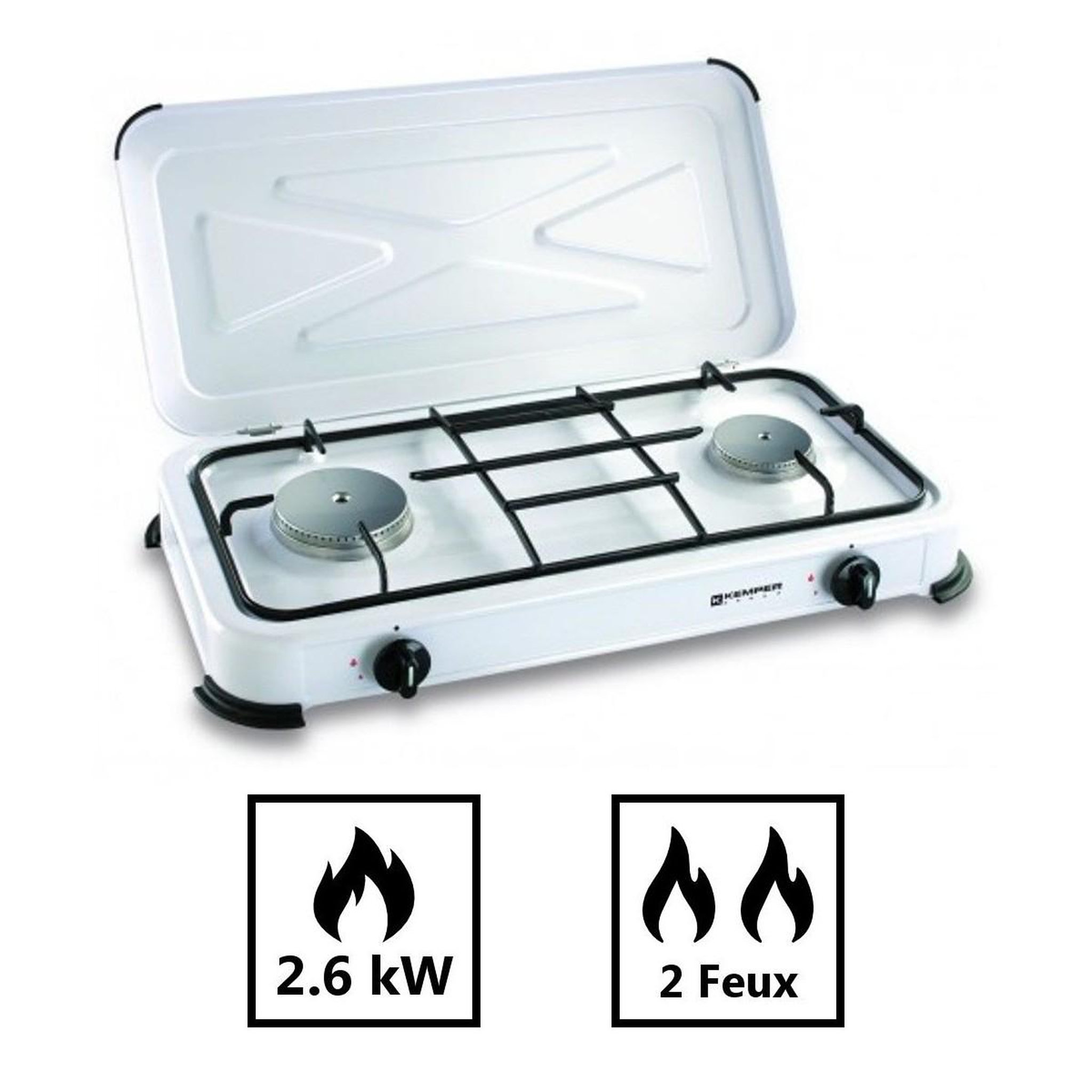 Voir la diapositive 5 : Kemper Réchaud gaz portable 2 feux 2600W Blanc laqué Couvercle Plaque de cuisson KEMPER