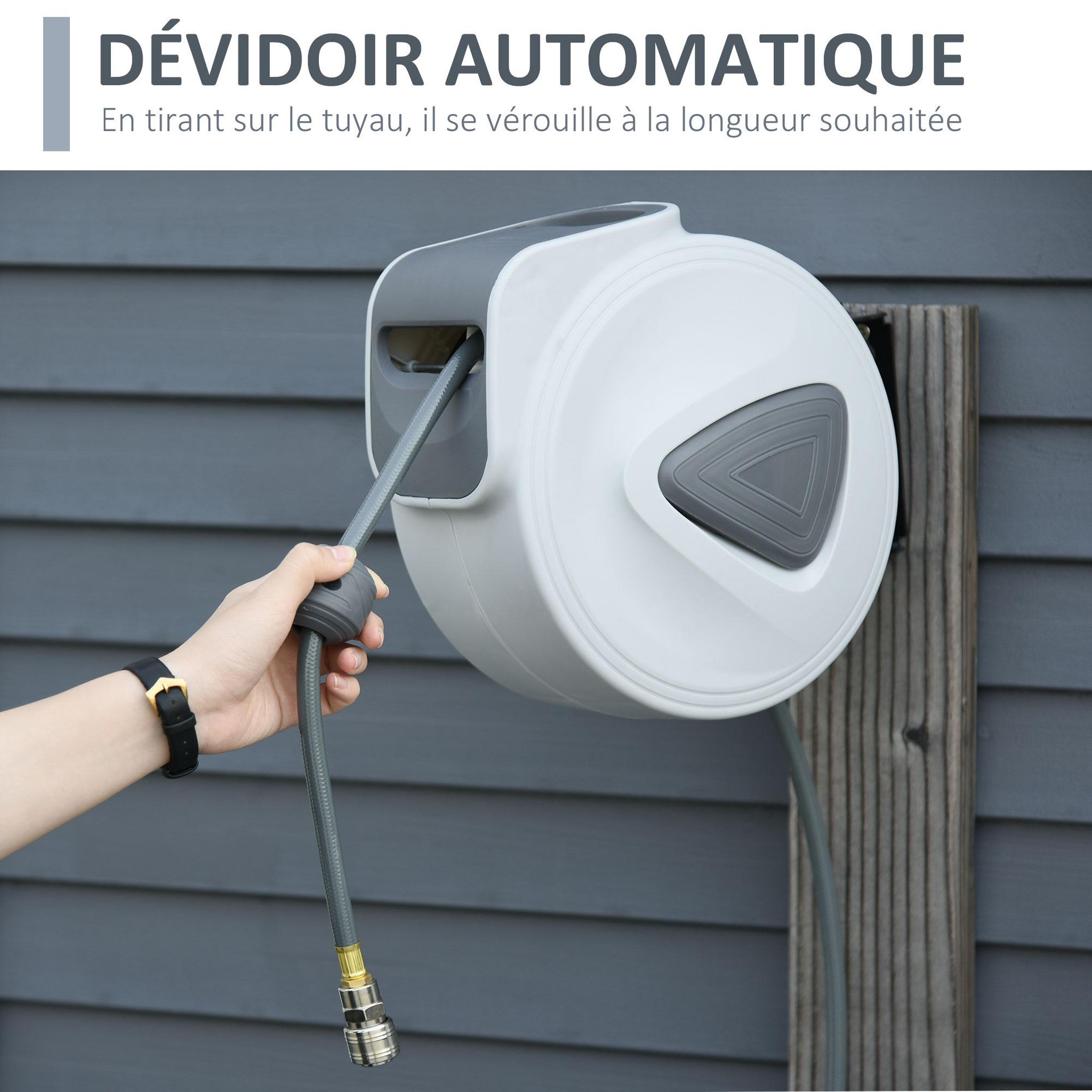 Voir la diapositive 4 : HOMCOM Enrouleur de tuyau à air comprimé - tuyau : 10 m + 0,9 m - Ø intérieur 3/8  (9,5 mm), 1/4  (6,35 mm) BSPT - dévidoir automatique pour tuyau d'air rétractable gris