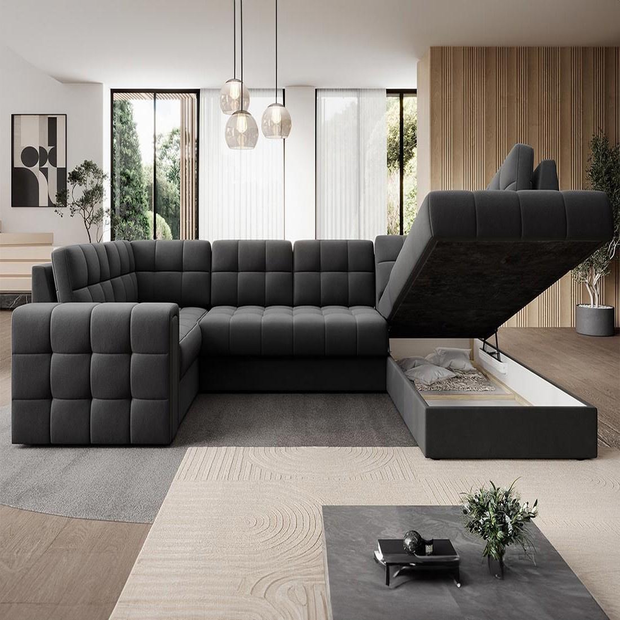 Voir la diapositive 3 : BEST MOBILIER Nappa - canapé panoramique d'angle gauche 7 places convertible avec coffre en velours
