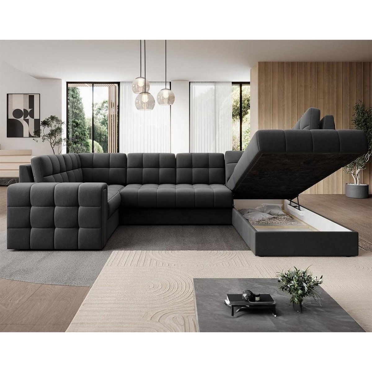 BEST MOBILIER Nappa - canapé panoramique d'angle gauche 7 places convertible avec coffre en velours