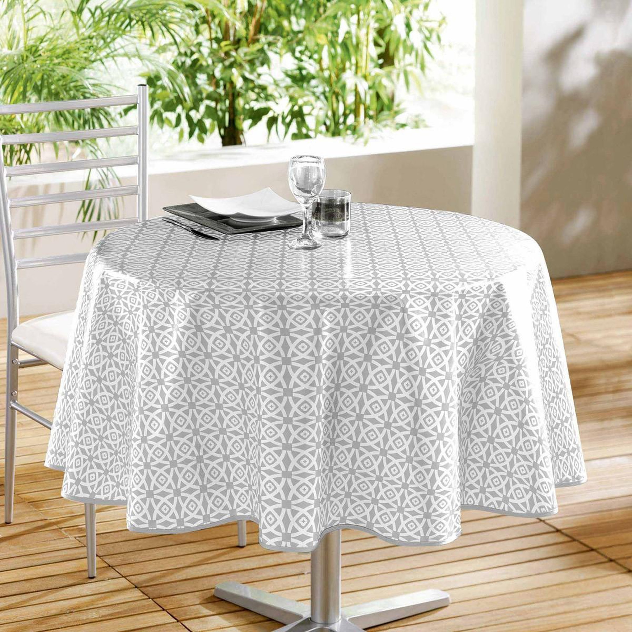 Douceur d'Intérieur Nappe ronde en toile cirée  abaca  160cm gris & blanc