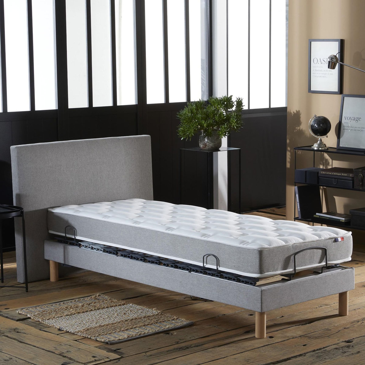 IDLITERIE Ensemble lit électrique relaxation multi lattes + Matelas Mousse à mémoire de forme Couleur - Gris Clair, - 90 x 190 cm
