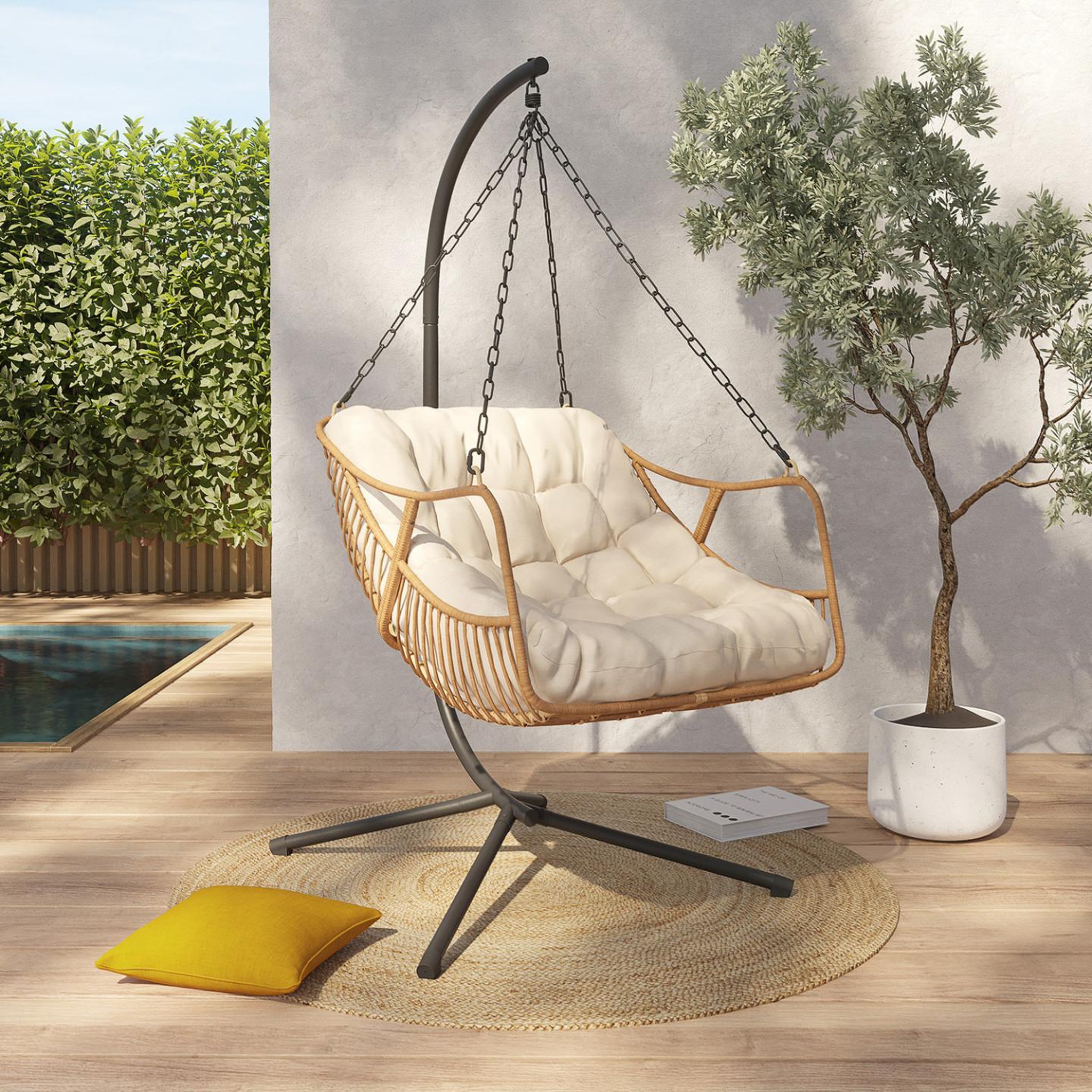 Voir la diapositive 2 : ID MARKET Fauteuil suspendu relax loa ajouré effet rotin avec coussin écru
