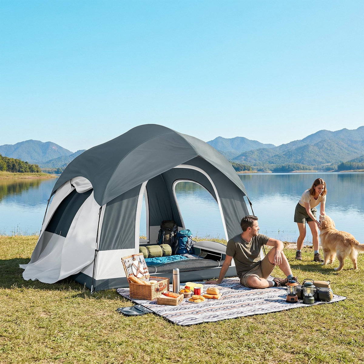 OUTSUNNY Tente de camping 2-4 personnes tente de voiture 2 en 1 bleu foncé