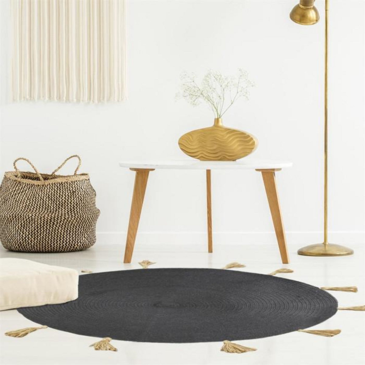 Paris Prix Tapis Rond à Pompons  Austin  90cm Gris