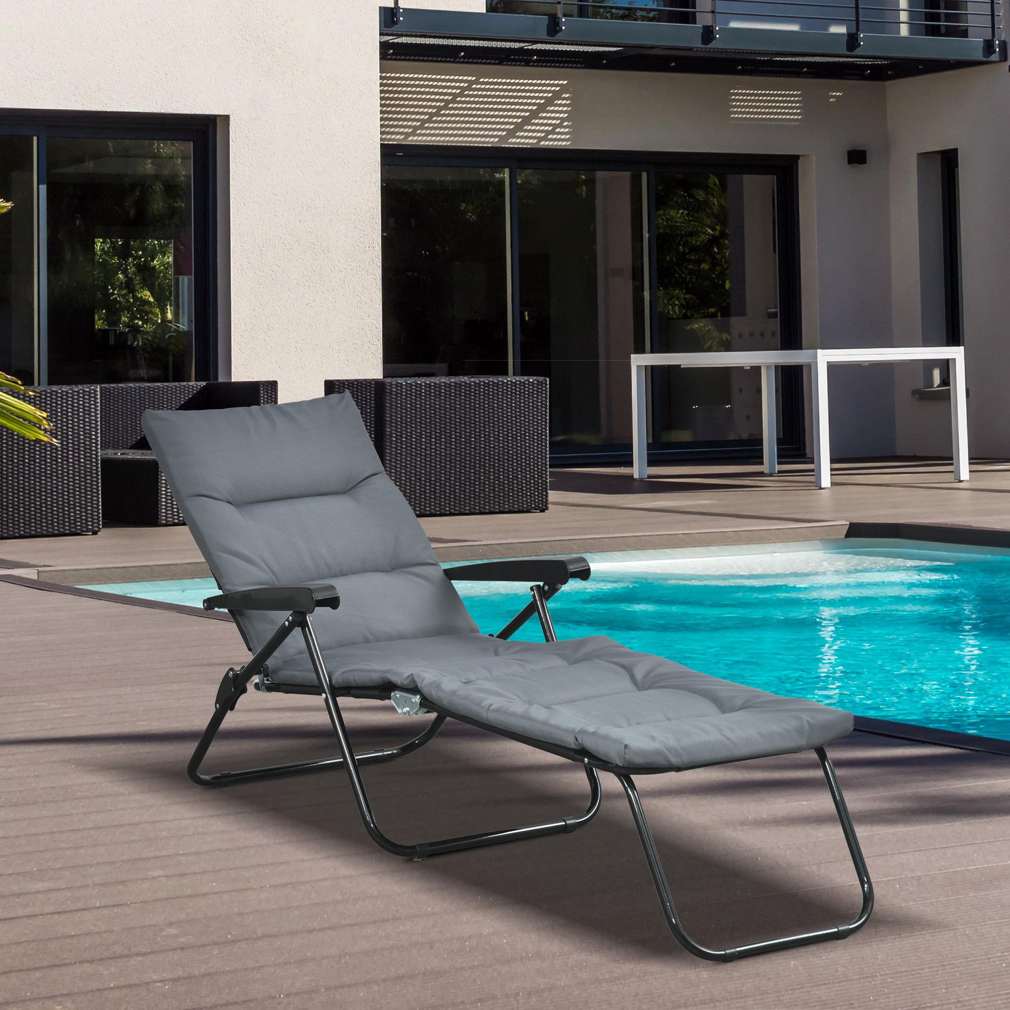 Voir la diapositive 2 : OUTSUNNY Bain de soleil pliable transat inclinable 6 positions grand confort avec matelas + accoudoirs acier polyester gris