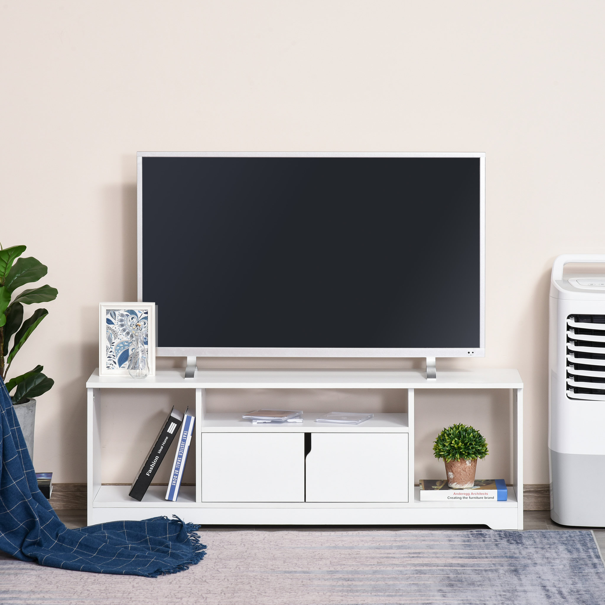 Voir la diapositive 5 : HOMCOM Meuble TV banc TV design contemporain - 3 niches, placard double porte - dim. 120L x 30l x 41H cm - panneaux particules blanc