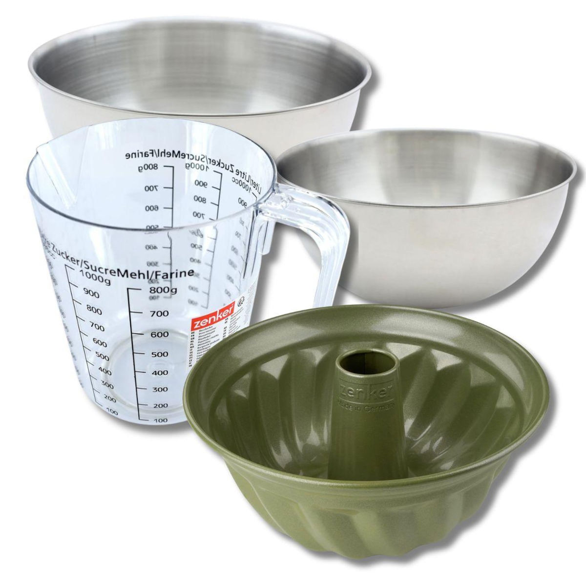 ZENKER Set pâtisserie avec moule à kouglof 25 cm revêtu cire de carnauba, 2 bols à mixer, verre mesureur et spatule Zenker