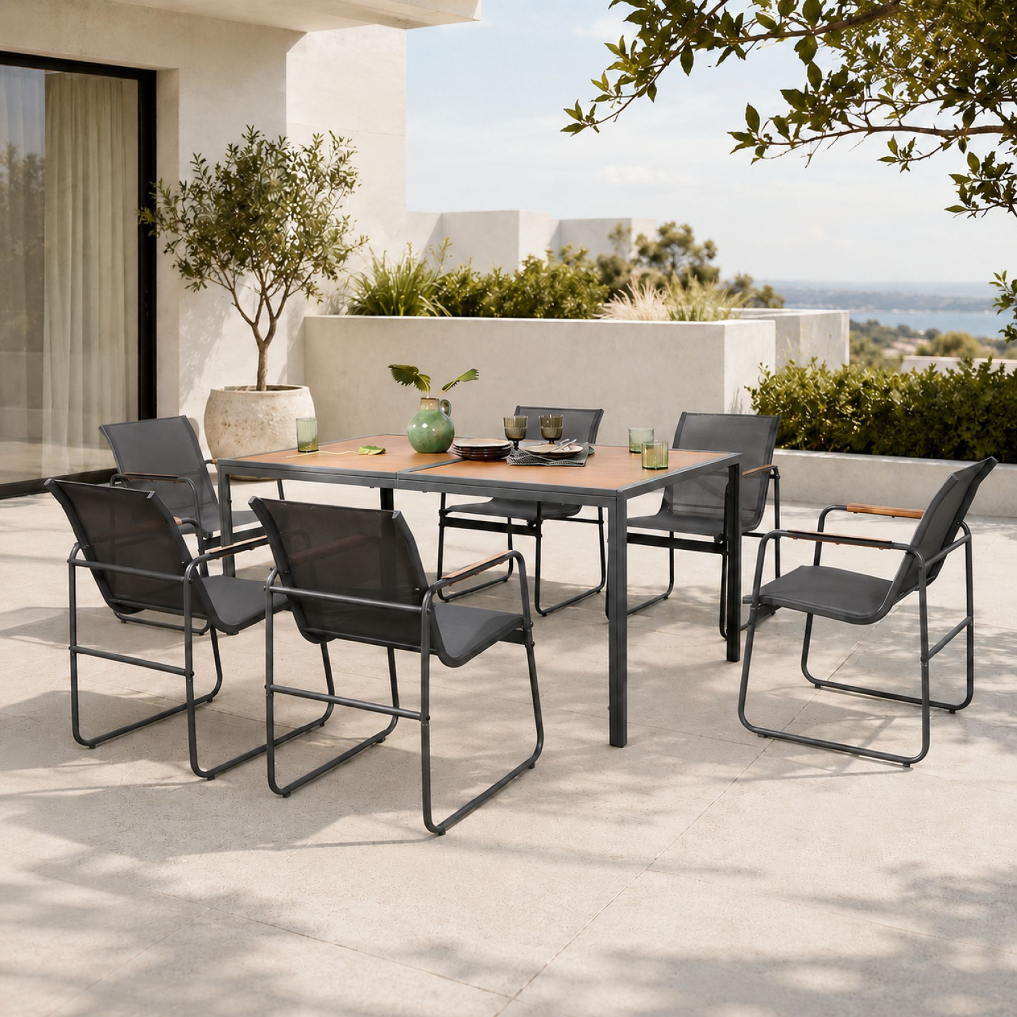 Voir la diapositive 2 : CONCEPT USINE Salon de jardin 6 places anthracite et bois FOGGIA