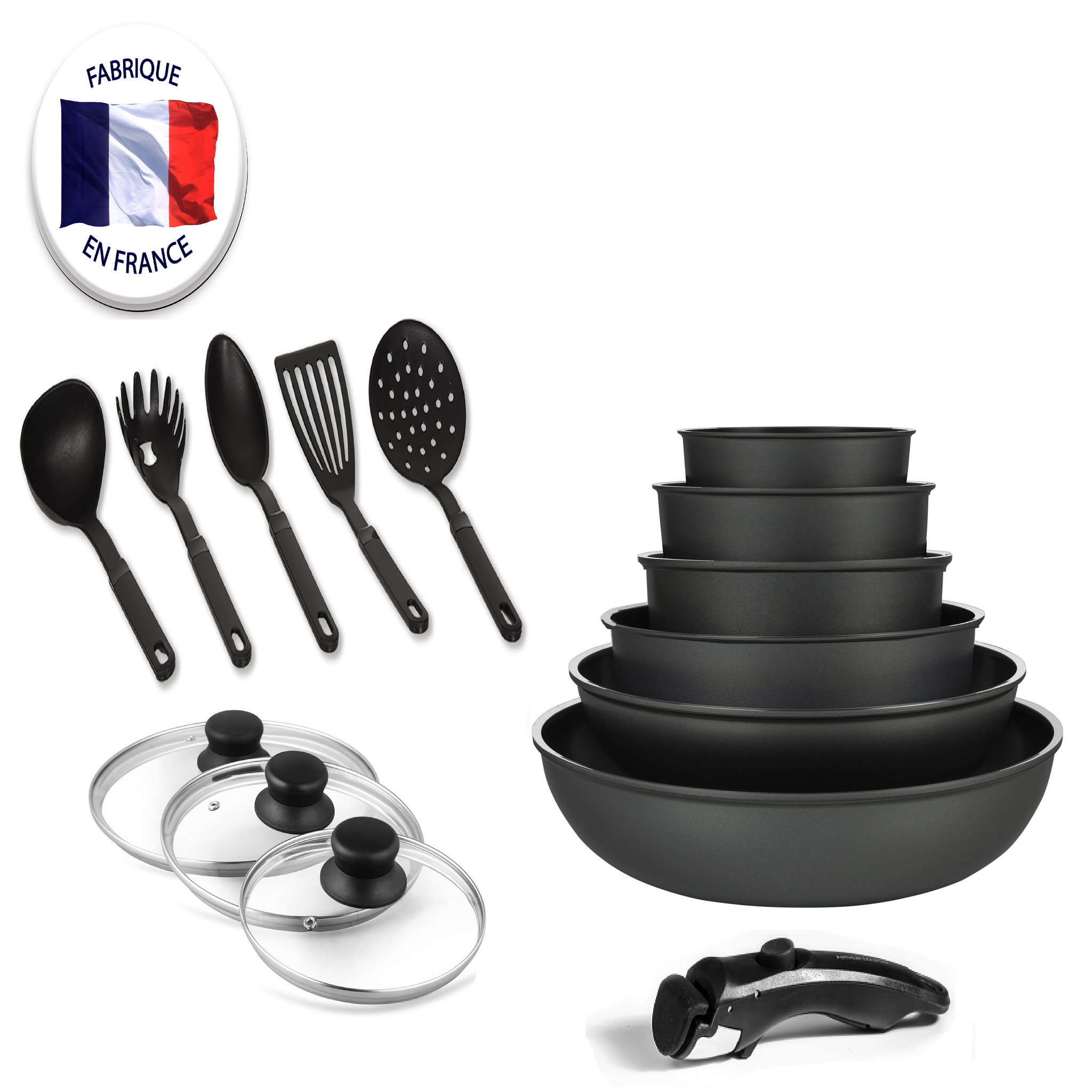 Voir la diapositive 1 : Arthur Martin Batterie de cuisine induction noire 15 pièces amovibles                      