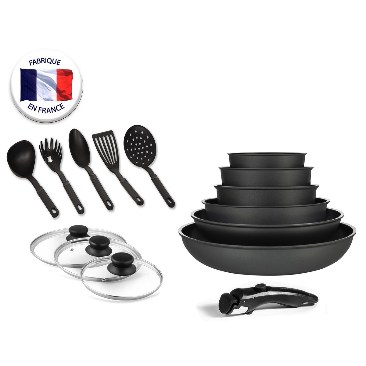Arthur Martin Batterie de cuisine induction noire 15 pièces amovibles                      