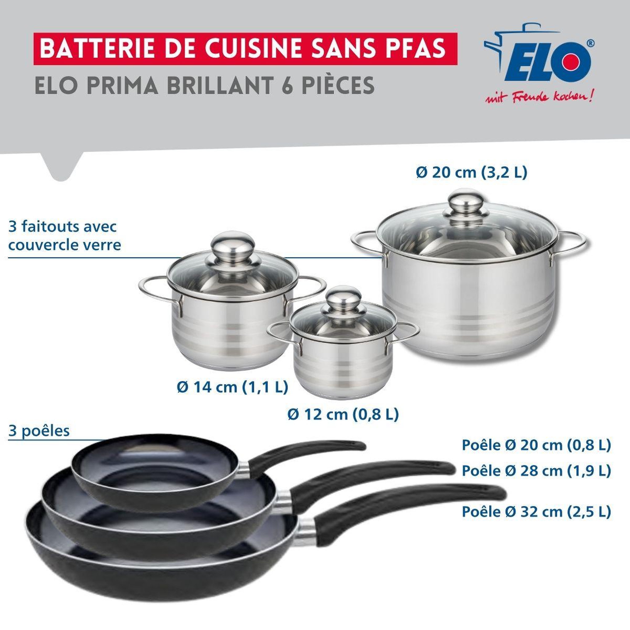 Voir la diapositive 2 : ELO Ensemble de 3 poêles de cuisson 20, 28 et 32 cm et 3 faitouts 12, 14 et 20 cm elo prima brillant