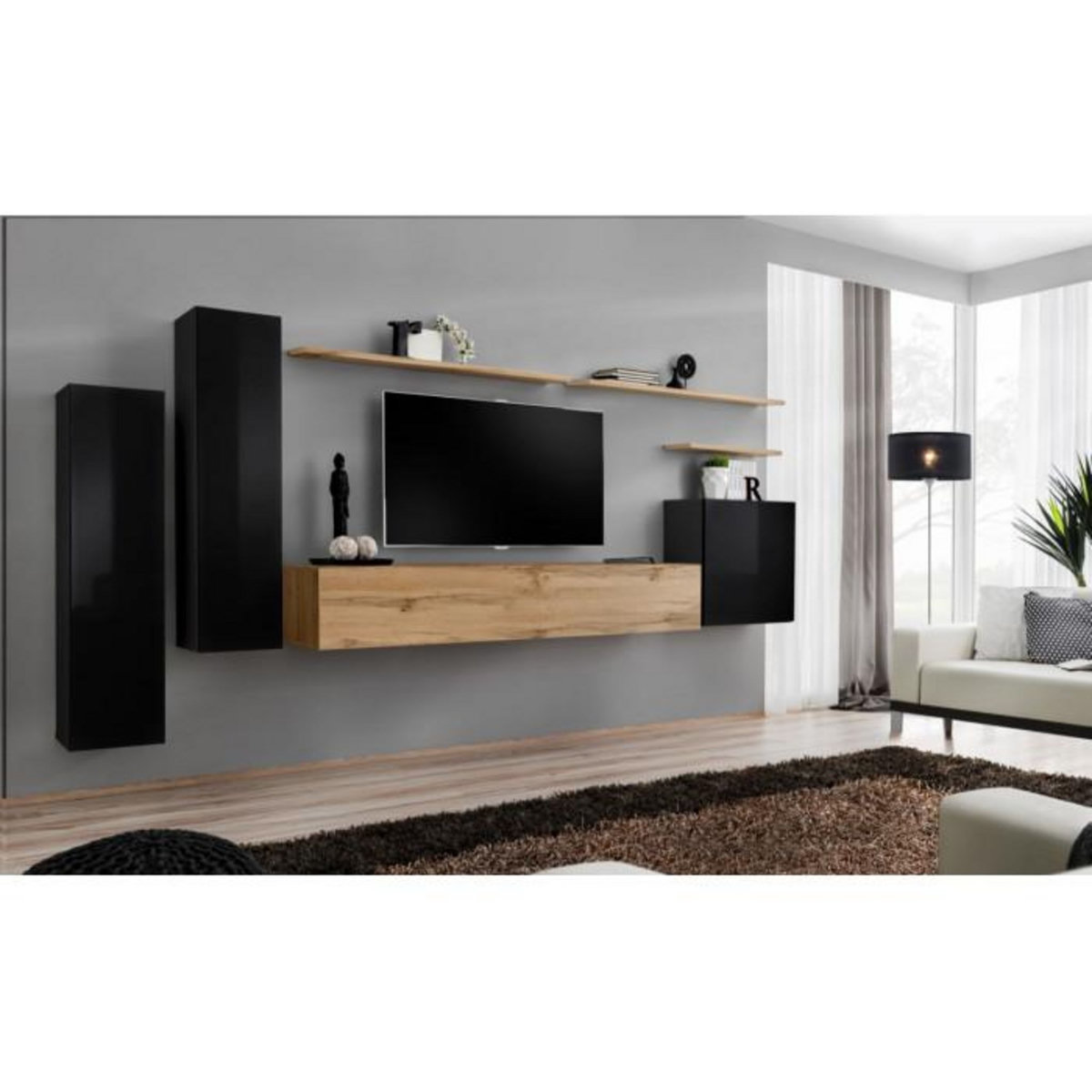 Paris Prix Meuble TV Mural Design  Switch I  330cm Noir & Naturel