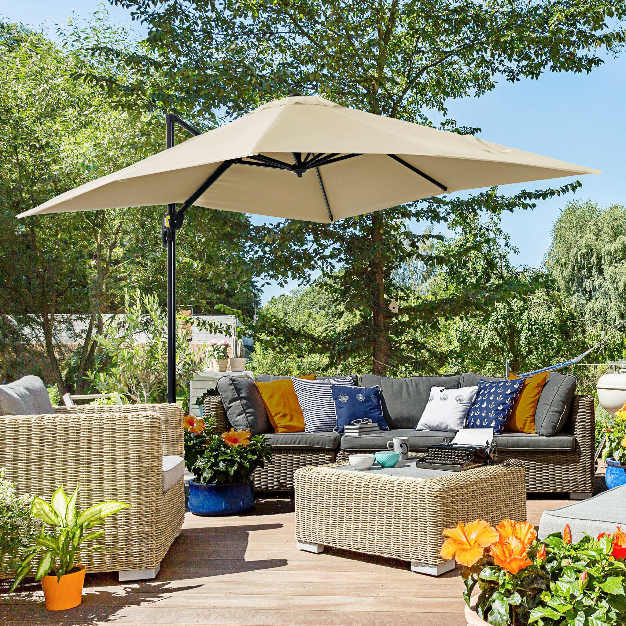 Voir la diapositive 2 : OUTSUNNY Parasol déporté carré inclinable manivelle avec pied en acier dim. 2,45L x 2,45l x 2,45H m métal alu. polyester haute densité beige