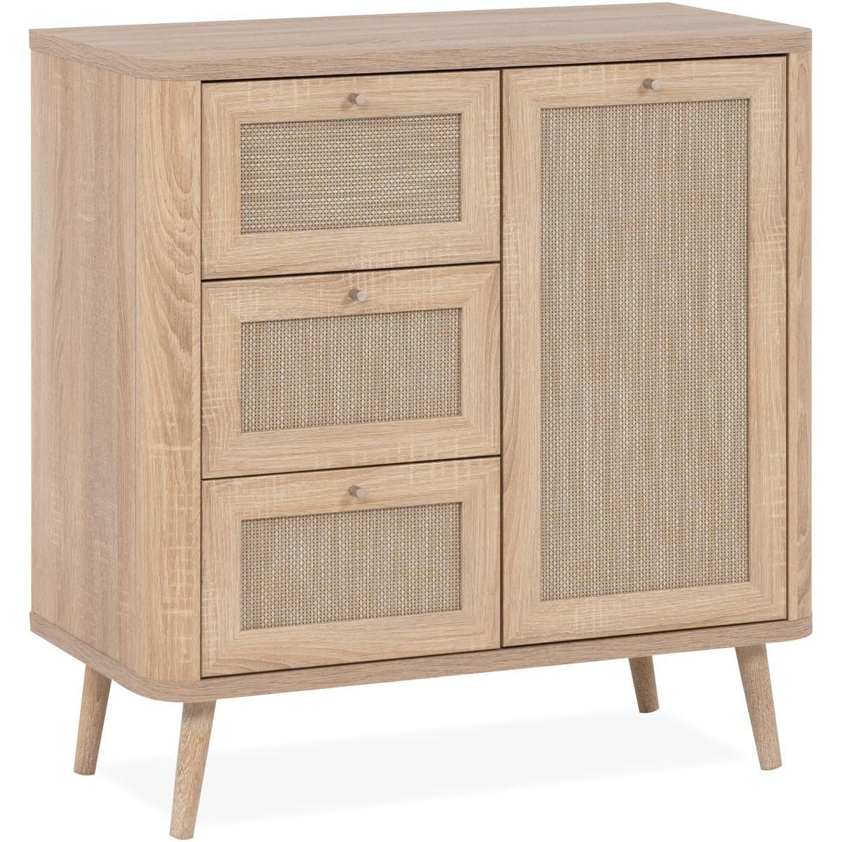 HOMIFAB Petit buffet cannage et effet bois naturel 81 cm - Padang
