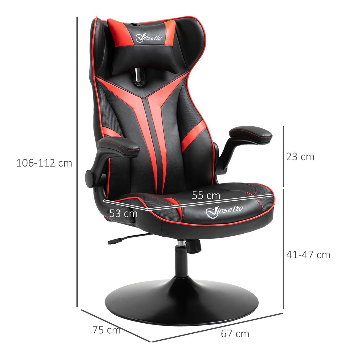 VINSETTO Fauteuil gaming base ronde métal pivotante 360° hauteur réglable tétière accoudoirs relevables PVC rouge noir