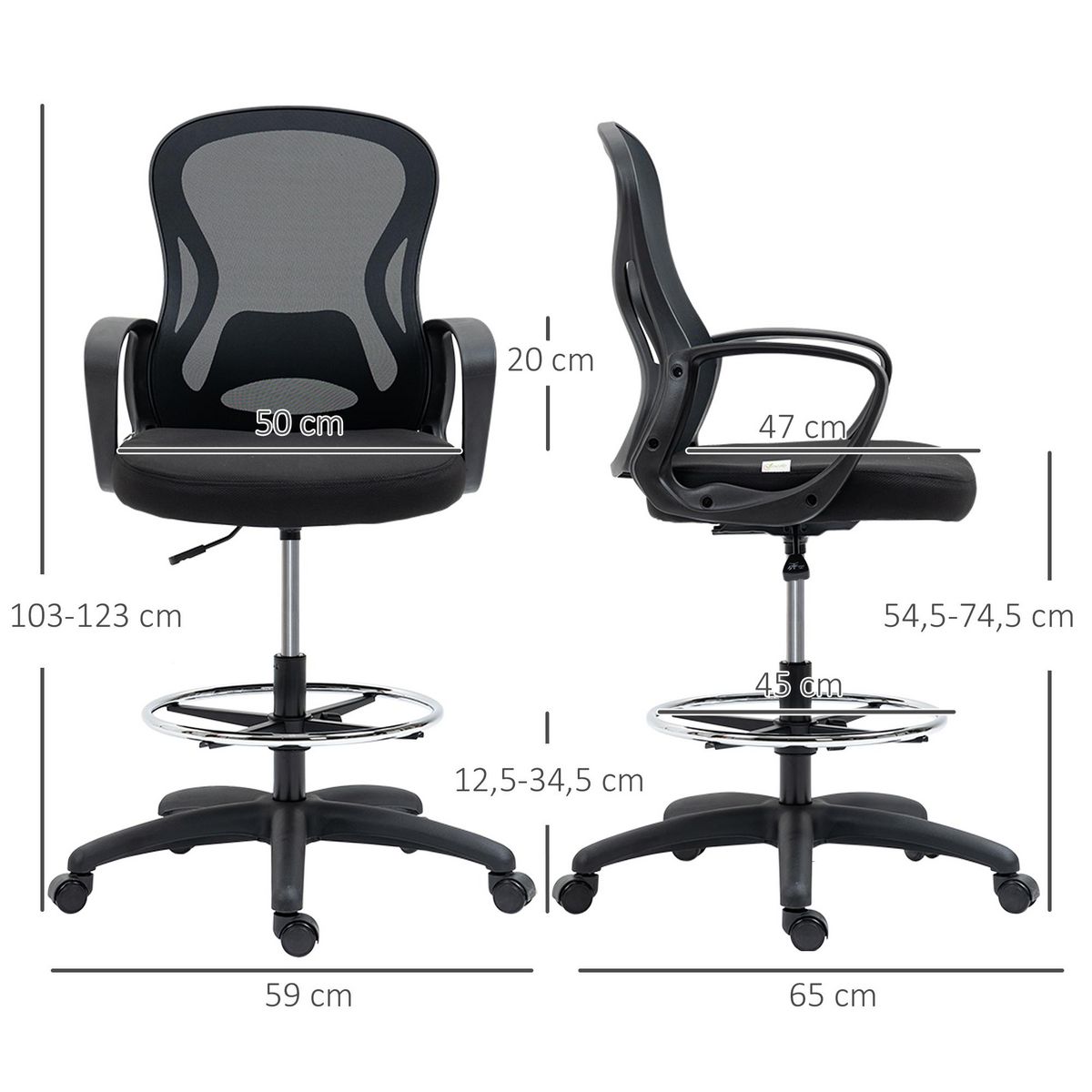 VINSETTO Fauteuil de bureau chaise de bureau assise haute réglable dim. 59L x 65l x 109-124H cm pivotant 360° maille respirante noir