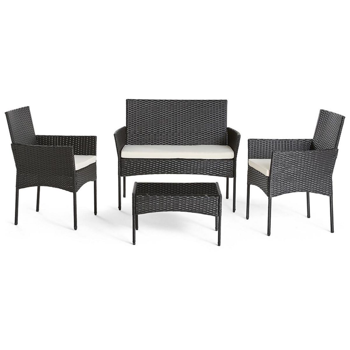 BEST MOBILIER Marbella - salon bas de jardin 4 places - en résine tressée - noir avec coussins beiges