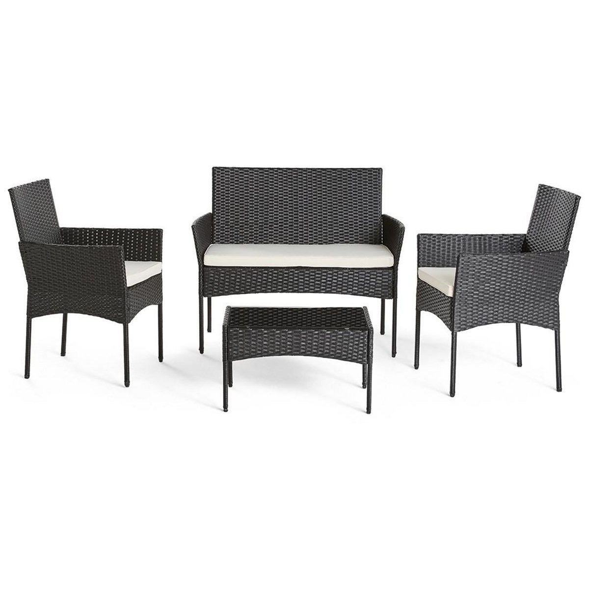 BEST MOBILIER Marbella - salon bas de jardin 4 places - en résine tressée - noir avec coussins beiges