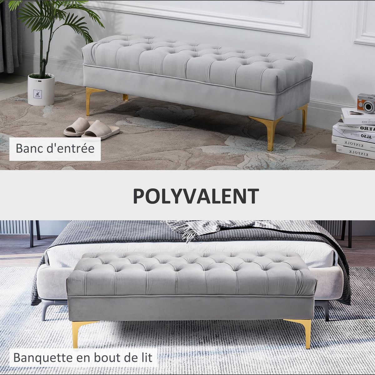 HOMCOM Banc banquette capitonnée style classique chic dim. 118L x 45l x 42H cm piètement métal doré velours gris clair