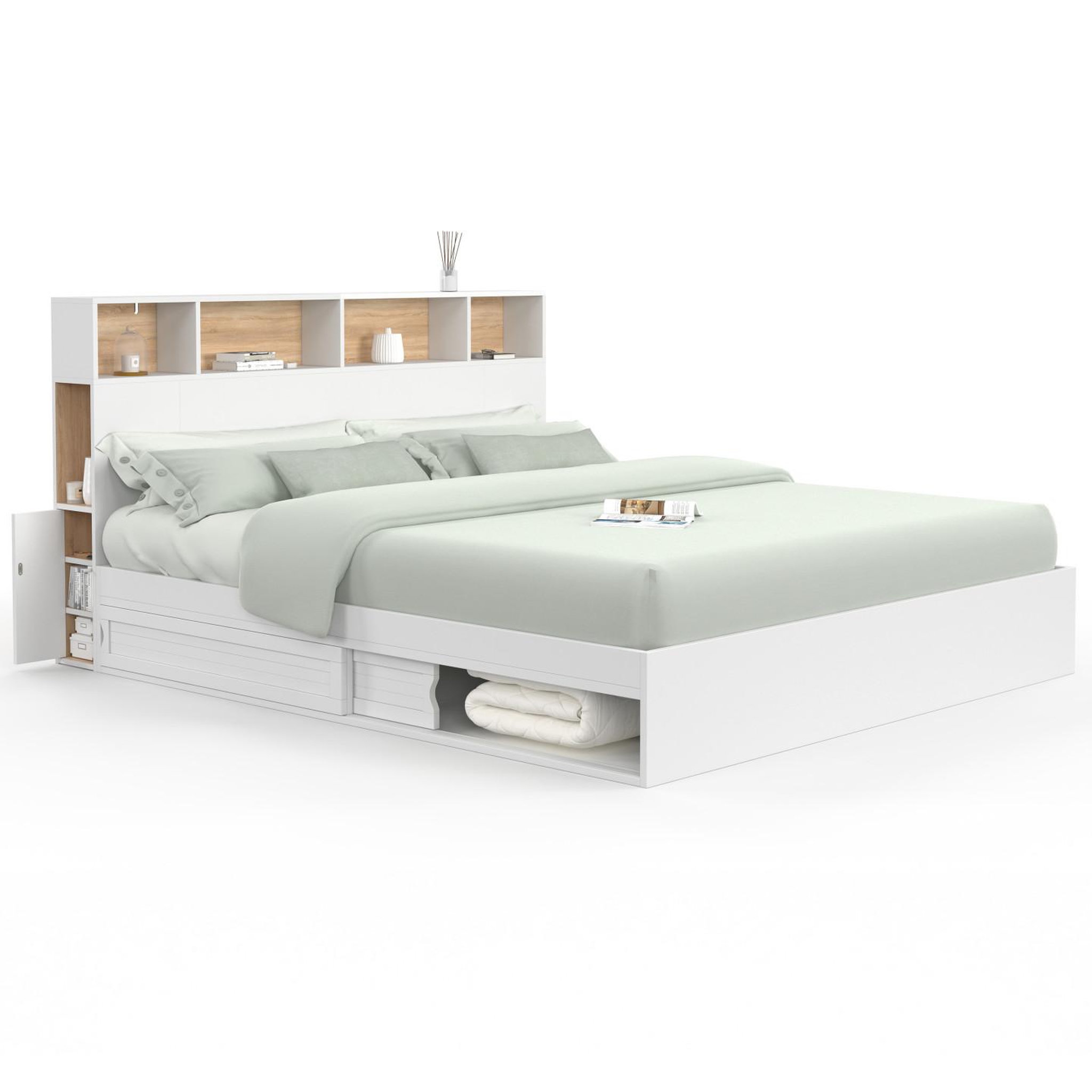 ID MARKET Lit double clem avec rangements + tête de lit et sommier 180 x 200 cm blanc et hêtre