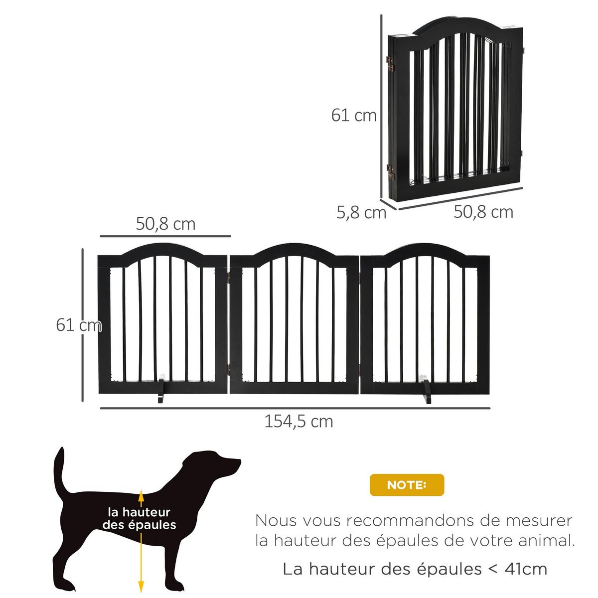 PAWHUT Barrière de sécurité barrière modulable pliable pour animaux de compagnie - piètement support - dim. 154,5L x 61H cm - MDF bois noir