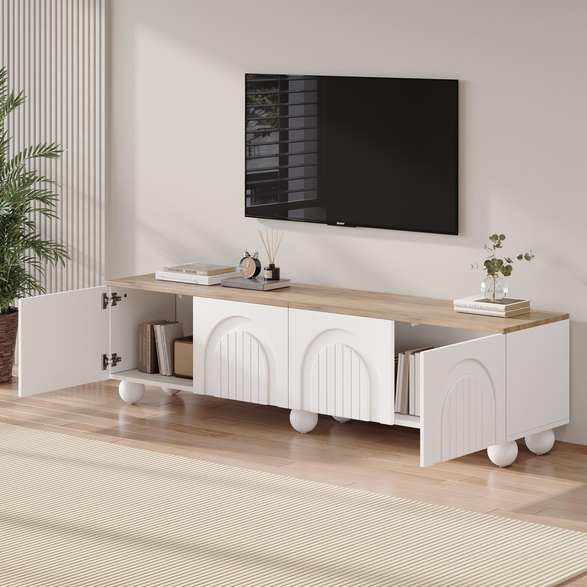 Voir la diapositive 5 : MERAX Meuble tv blanc+naturel 180 cm mdf