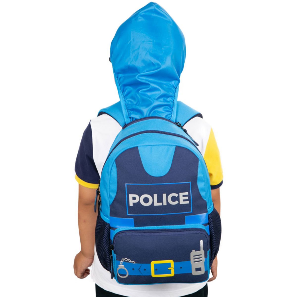 AUCHAN Sac maternelle bleu avec capuche POLICE