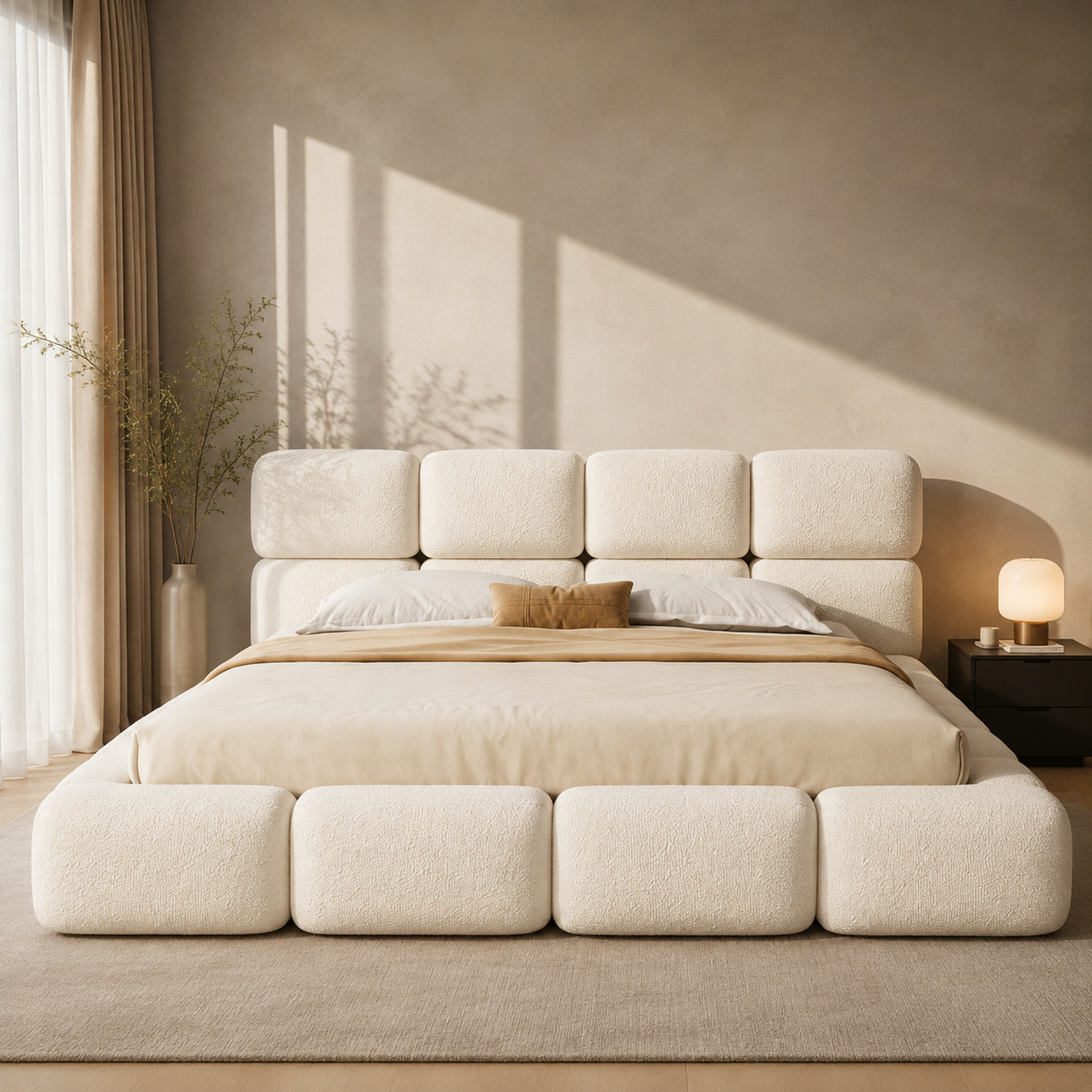 Voir la diapositive 4 : MERAX Lit coffre 200x200 cm double avec sommier tête de lit capitonnée bouclé blanc