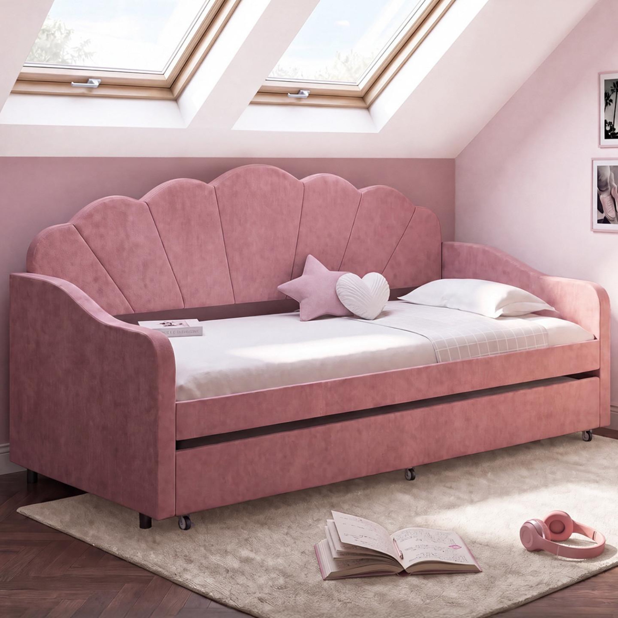 Voir la diapositive 2 : ID MARKET Lit banquette gigogne coquillage amanda 2 x 90 x 190 cm avec 2 sommiers velours rose poudré