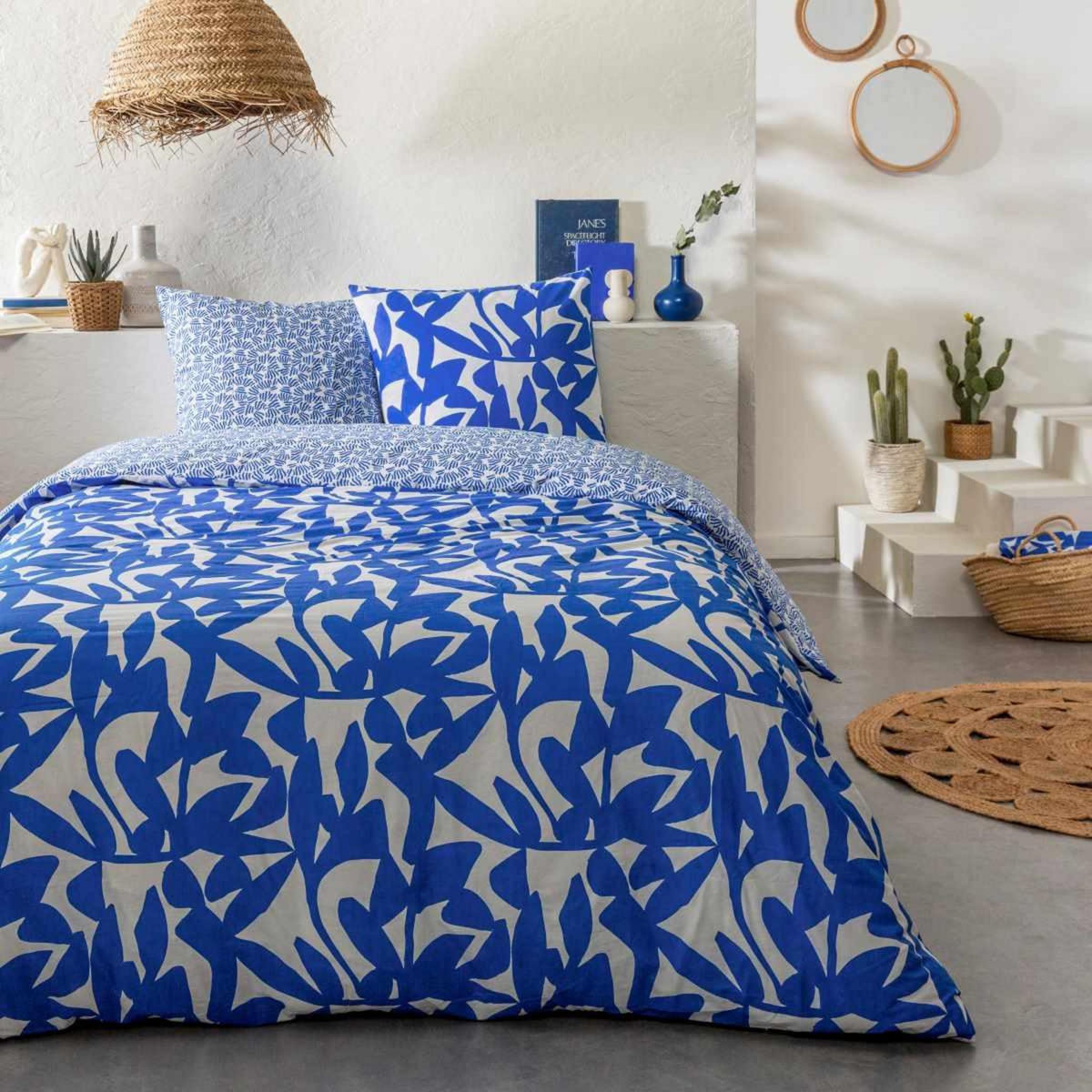 FUTURE HOME Parure de lit 2 personnes en coton 57 fils imprimé bleu