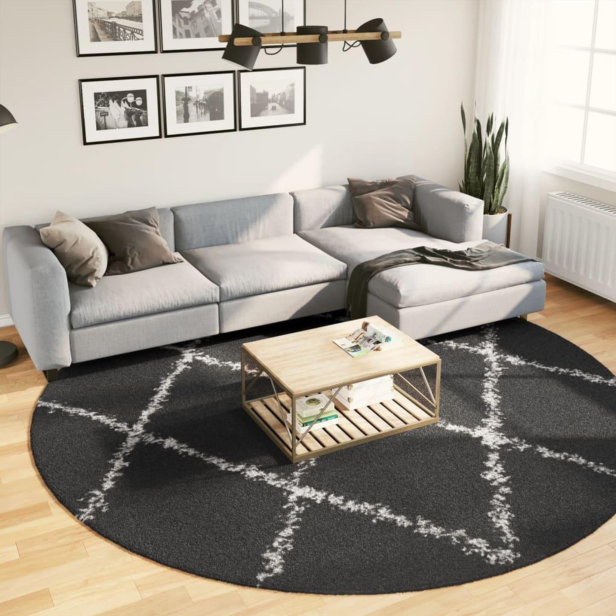 VIDAXL Tapis shaggy a poils longs moderne noir et creme Ø 280 cm