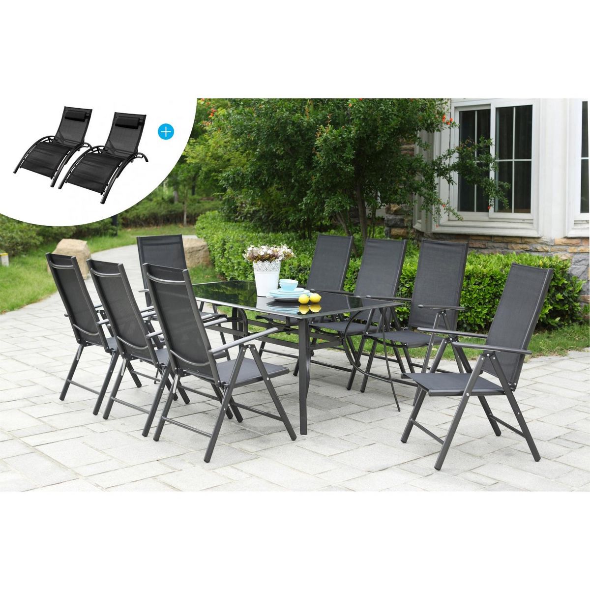 CONCEPT USINE Salon de Jardin Aluminium 8 fauteuils + Duo Transats Noir RIMINI