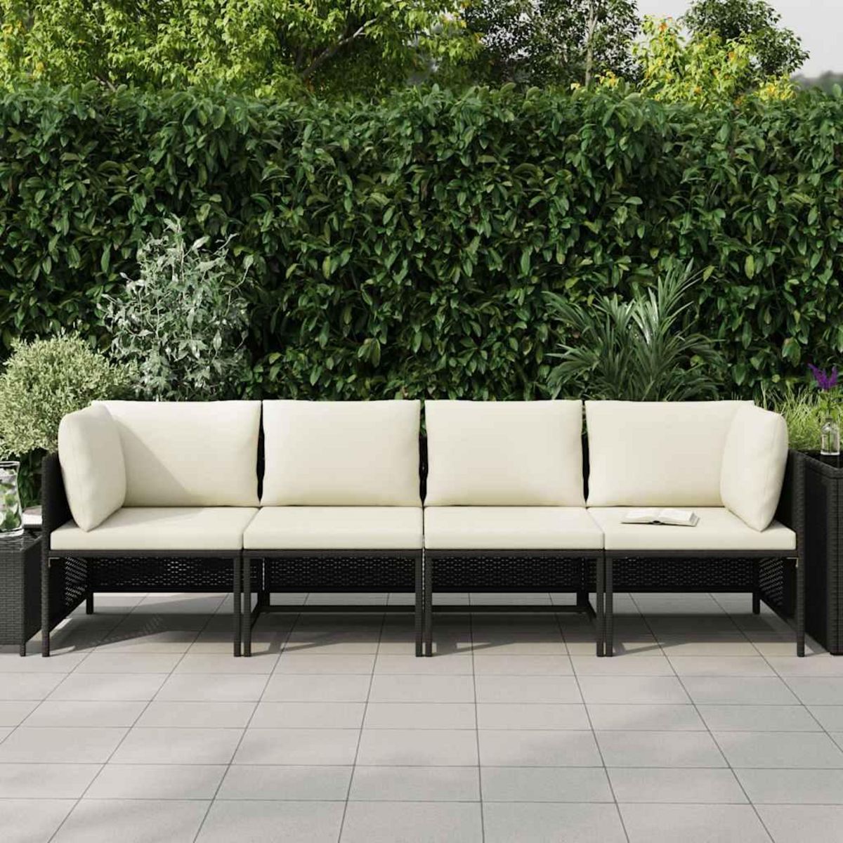 VIDAXL Canape de jardin a 4 places avec coussins Noir Resine tressee