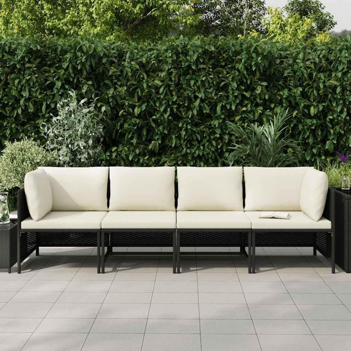 VIDAXL Canape de jardin a 4 places avec coussins Noir Resine tressee