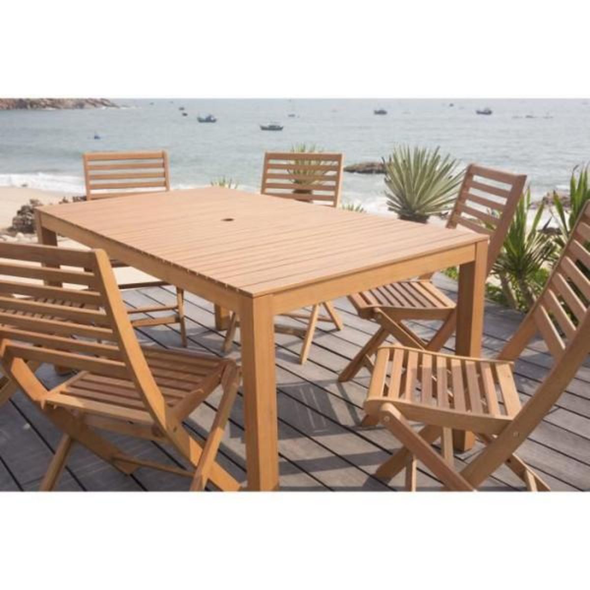 MARKET24 Ensemble repas de jardin 6 personnes - Table 160 x 90 cm + 6 chaises pliantes - Bois Eucalyptus FSC