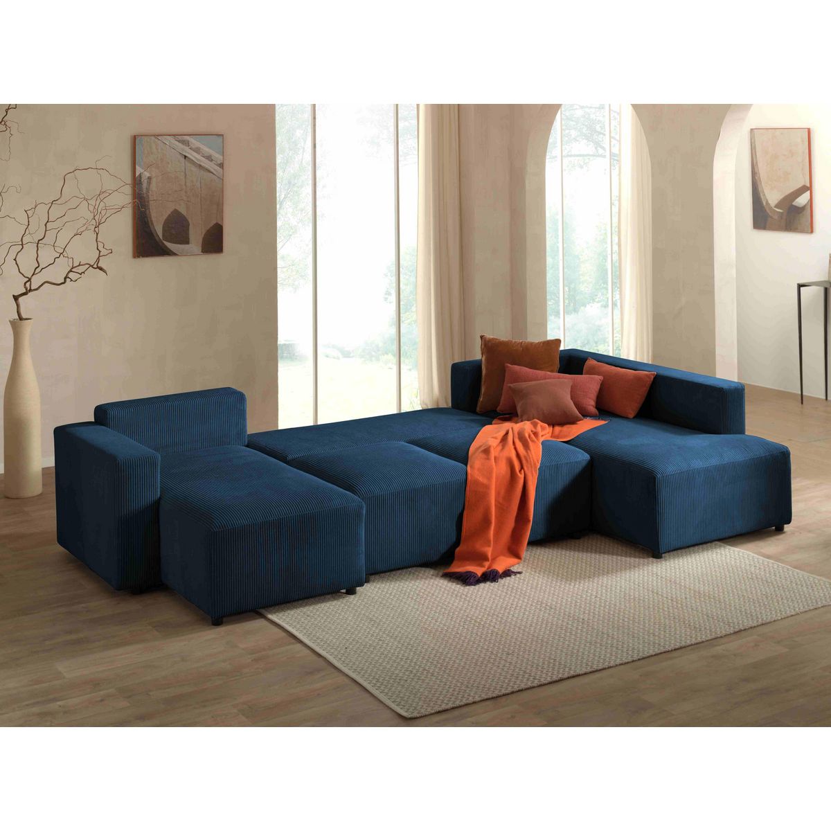 LISA DESIGN Livy - canapé panoramique convertible - avec coffre - en velours côtelé - 7 places - droit