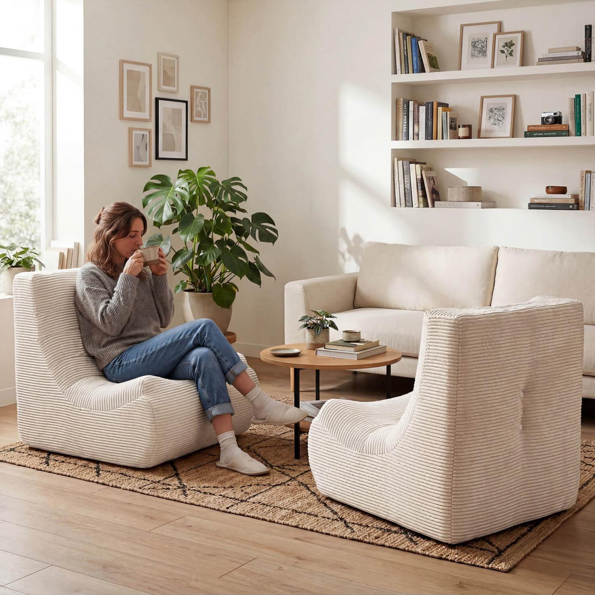 Voir la diapositive 6 : ID MARKET Fauteuil chauffeuse compressé billy modulable 1 place velours côtelé beige