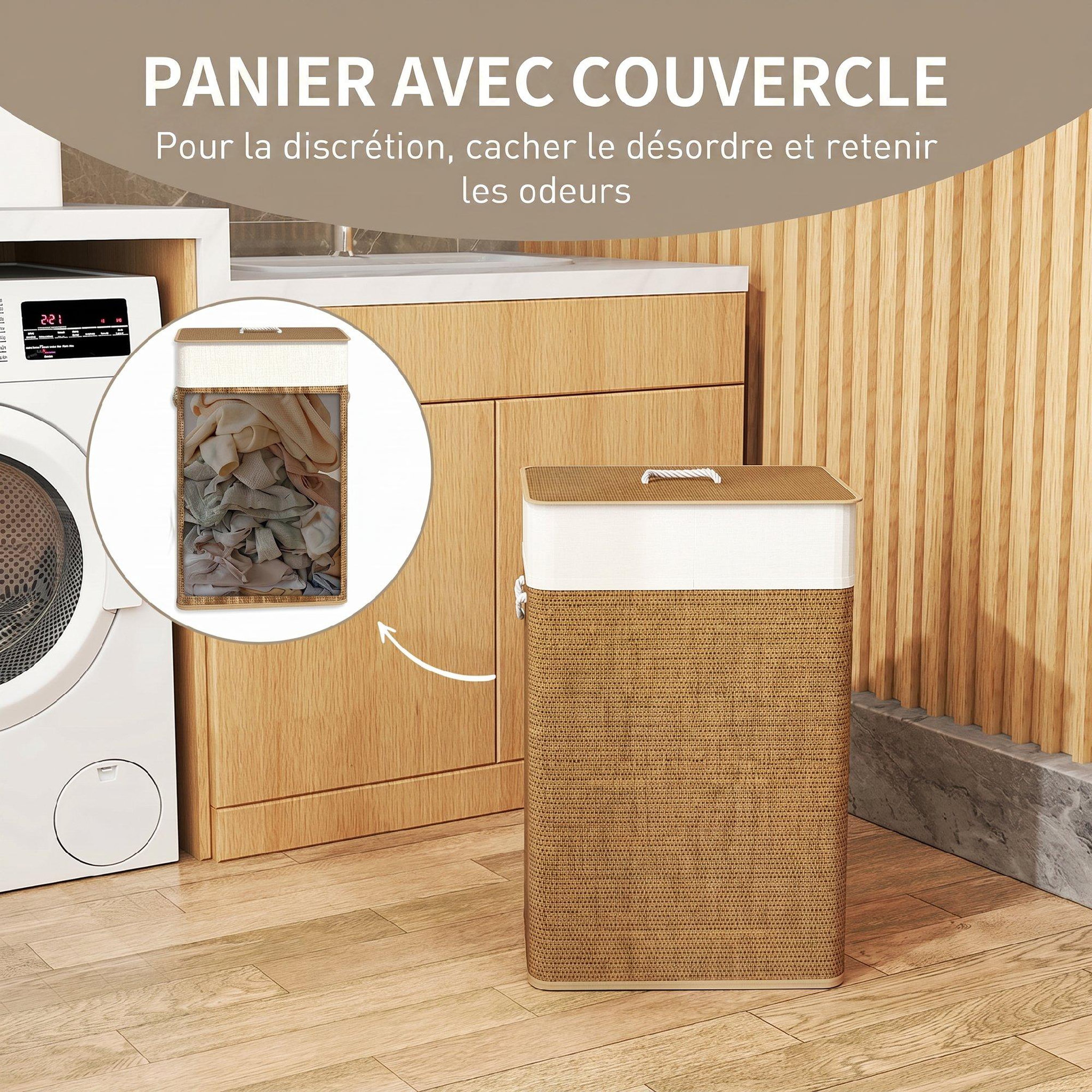 Voir la diapositive 6 : HOMCOM Panier à linge rectangulaire bambou 72l déhoussable lavable marron