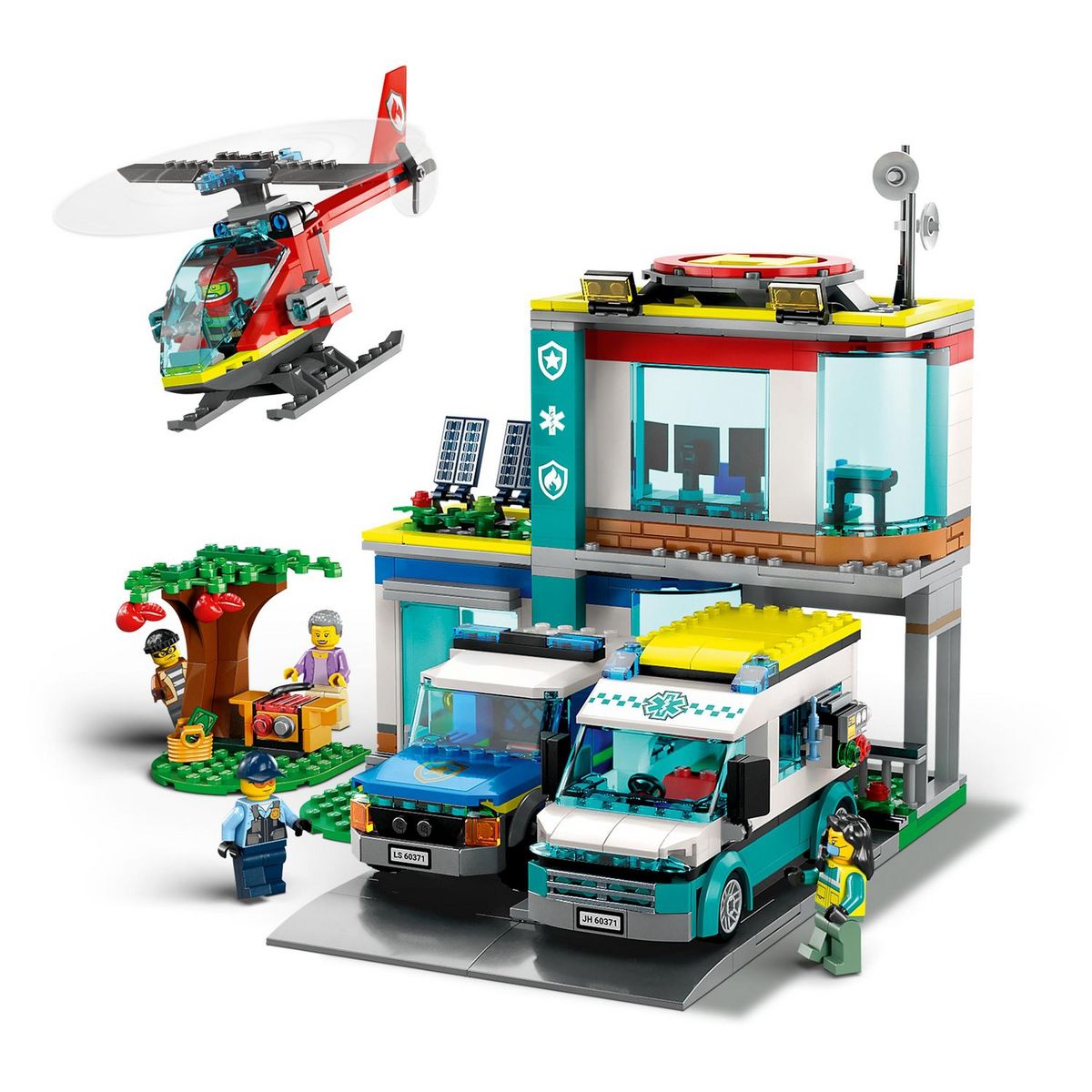 LEGO City 60371 Le QG des véhicules d'urgences, avec Hélicoptère de Pompier, Jouet Camion Ambulance, Moto et Voiture de Police